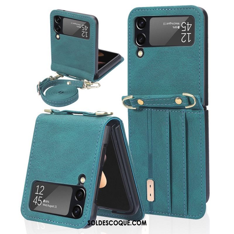 Coque Samsung Galaxy Z Flip 3 5G Style Cuir Porte-Cartes et Lanière