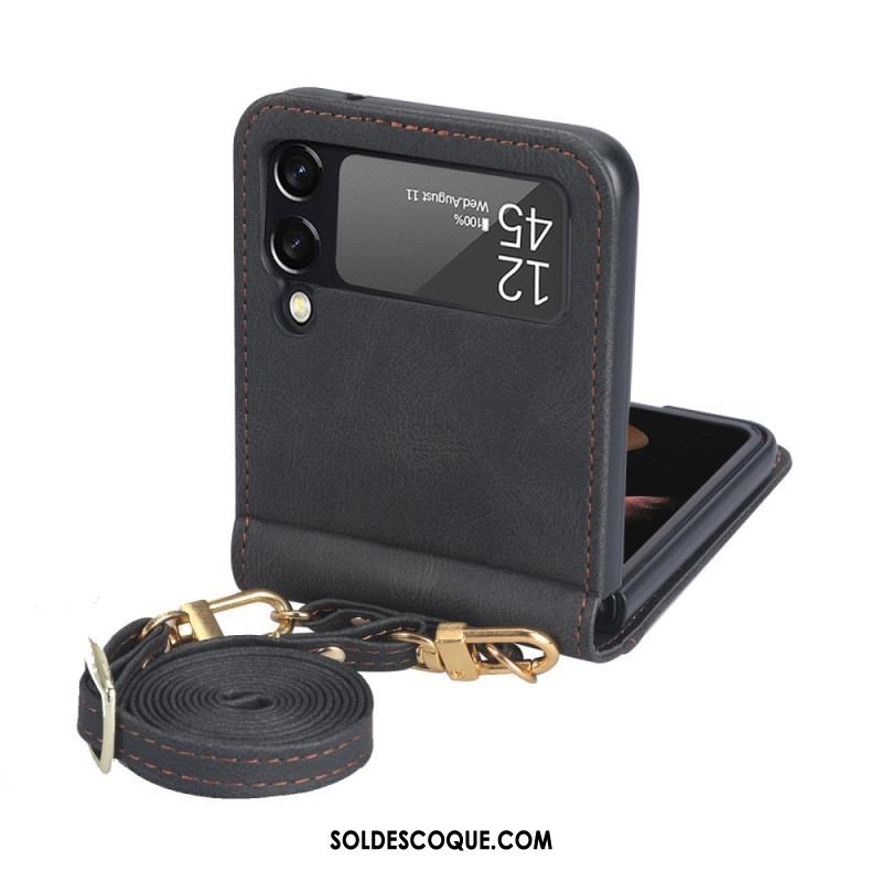 Coque Samsung Galaxy Z Flip 4 Effet Cuir Couture et bandoulière