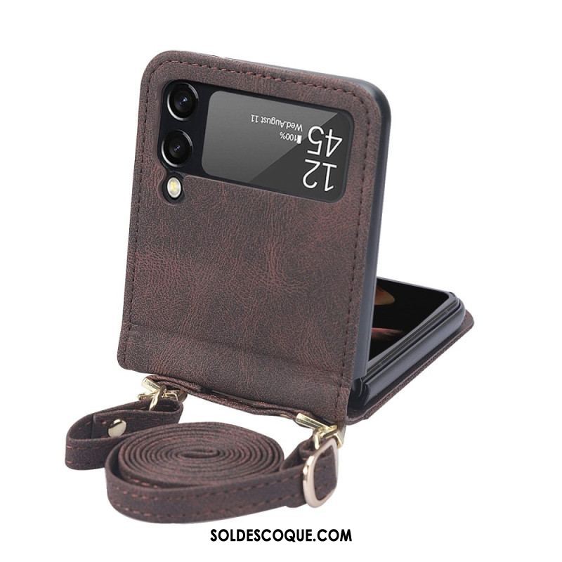 Coque Samsung Galaxy Z Flip 4 Effet Cuir Couture et bandoulière