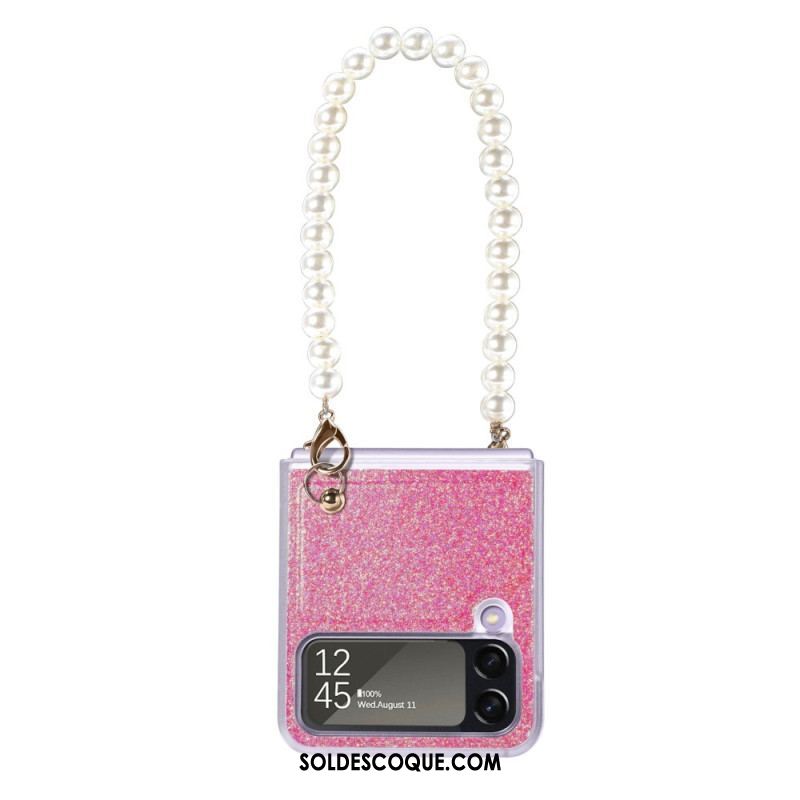 Coque Samsung Galaxy Z Flip 4 Paillettes Lanière en Perles