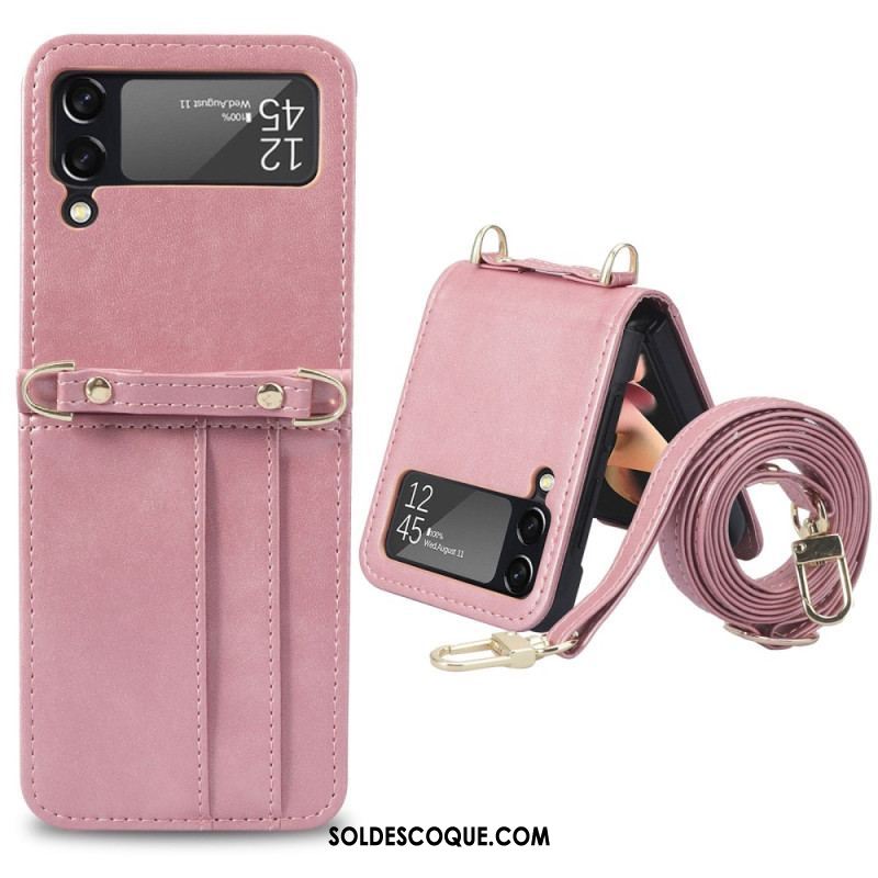 Coque Samsung Galaxy Z Flip 4 Style Cuir Porte-Cartes et Lanière