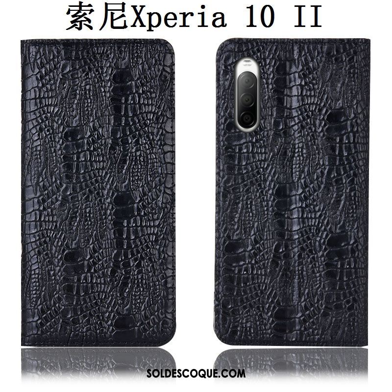 Coque Sony Xperia 10 Ii Crocodile Étui Cuir Véritable Téléphone Portable Noir Pas Cher
