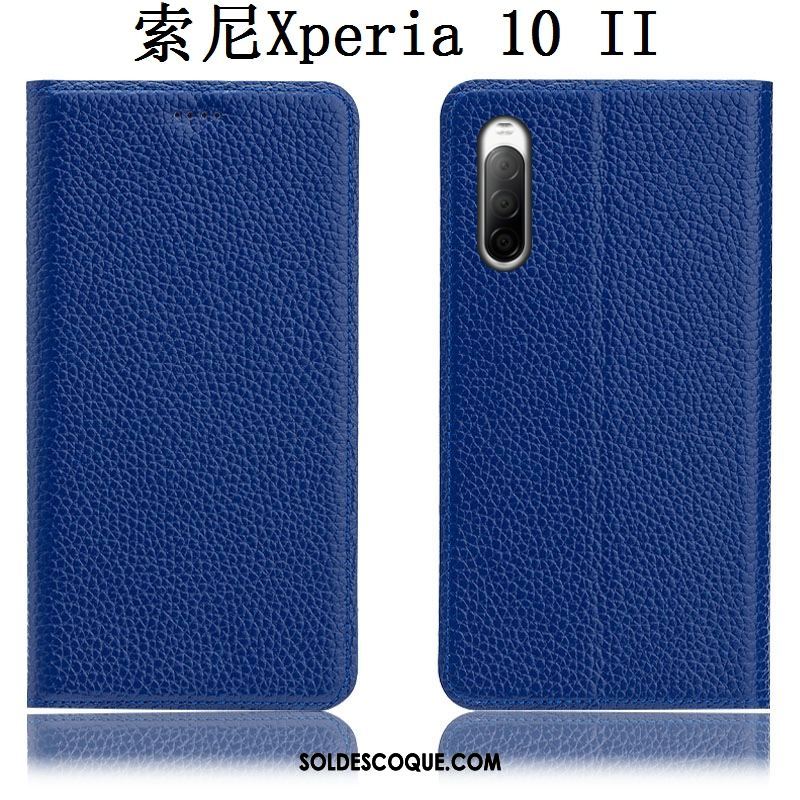 Coque Sony Xperia 10 Ii Cuir Véritable Protection Litchi Étui Incassable Pas Cher