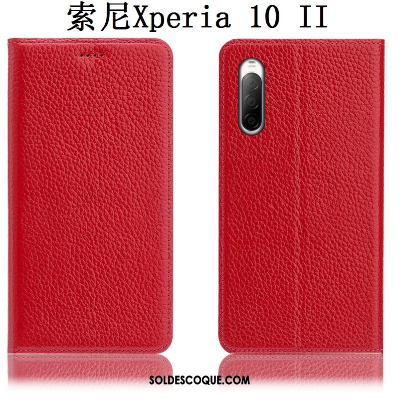 Coque Sony Xperia 10 Ii Cuir Véritable Protection Litchi Étui Incassable Pas Cher