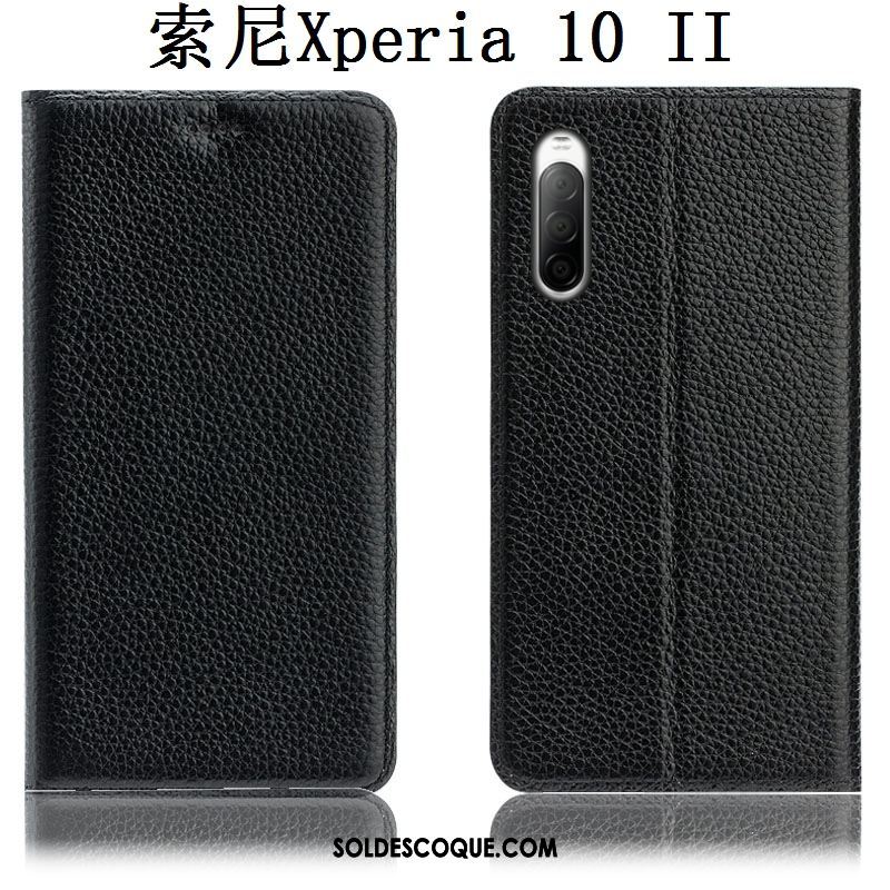 Coque Sony Xperia 10 Ii Cuir Véritable Protection Litchi Étui Incassable Pas Cher