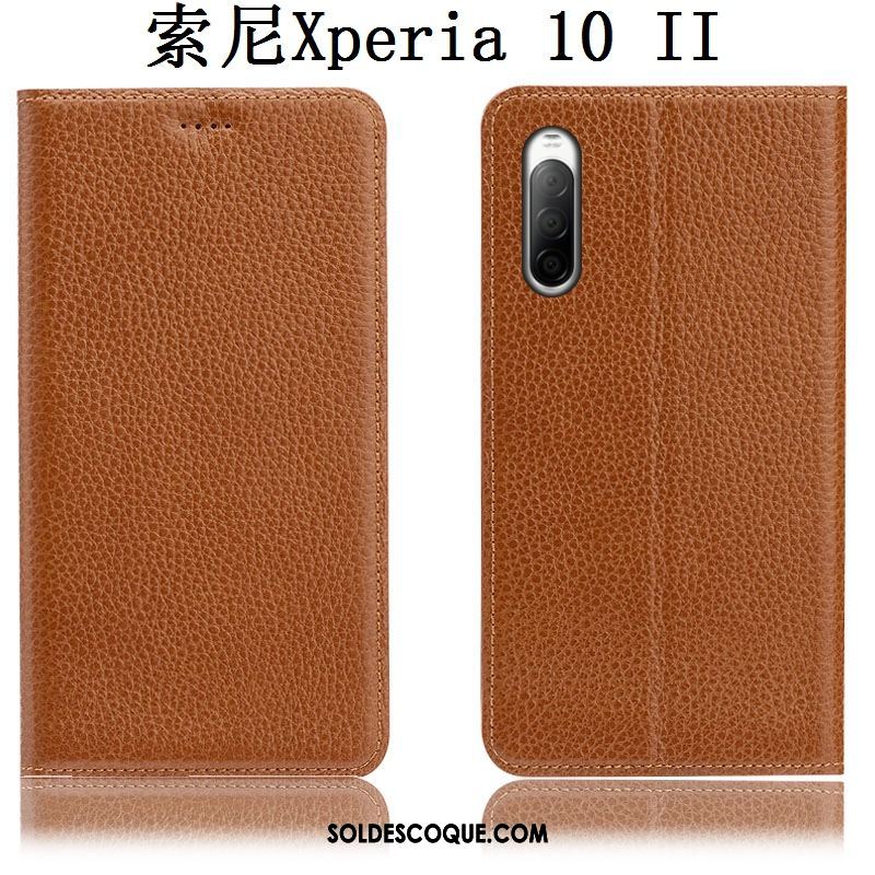 Coque Sony Xperia 10 Ii Cuir Véritable Protection Litchi Étui Incassable Pas Cher