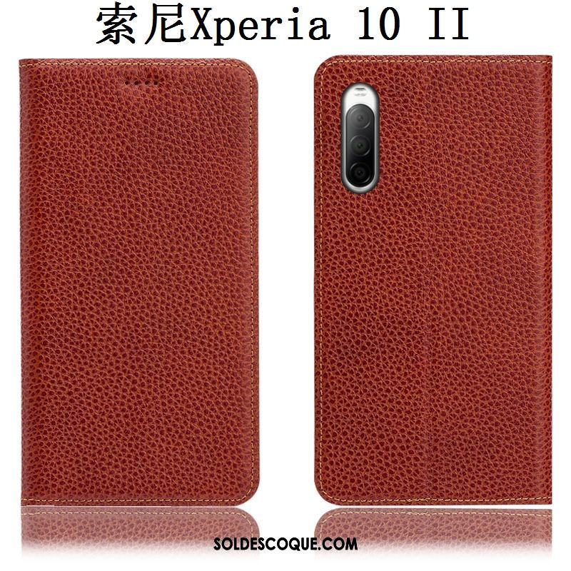 Coque Sony Xperia 10 Ii Cuir Véritable Protection Litchi Étui Incassable Pas Cher