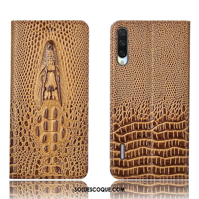 Coque Xiaomi Mi A3 Petit Protection Cuir Véritable Étui Jaune Pas Cher