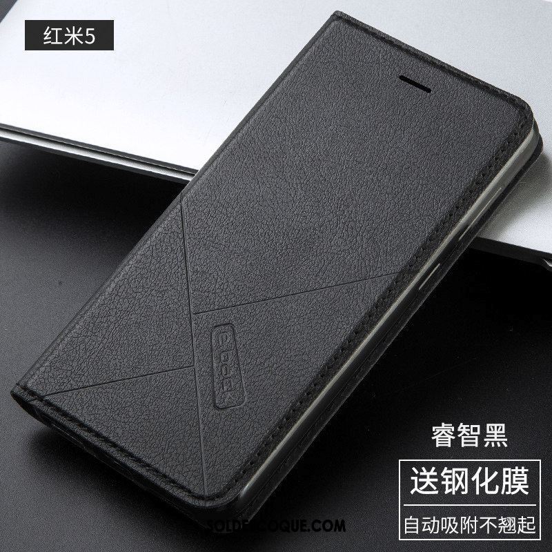 Coque Xiaomi Redmi 5 Incassable Étui En Cuir Noir Protection Rouge En Vente