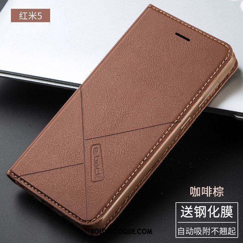 Coque Xiaomi Redmi 5 Incassable Étui En Cuir Noir Protection Rouge En Vente