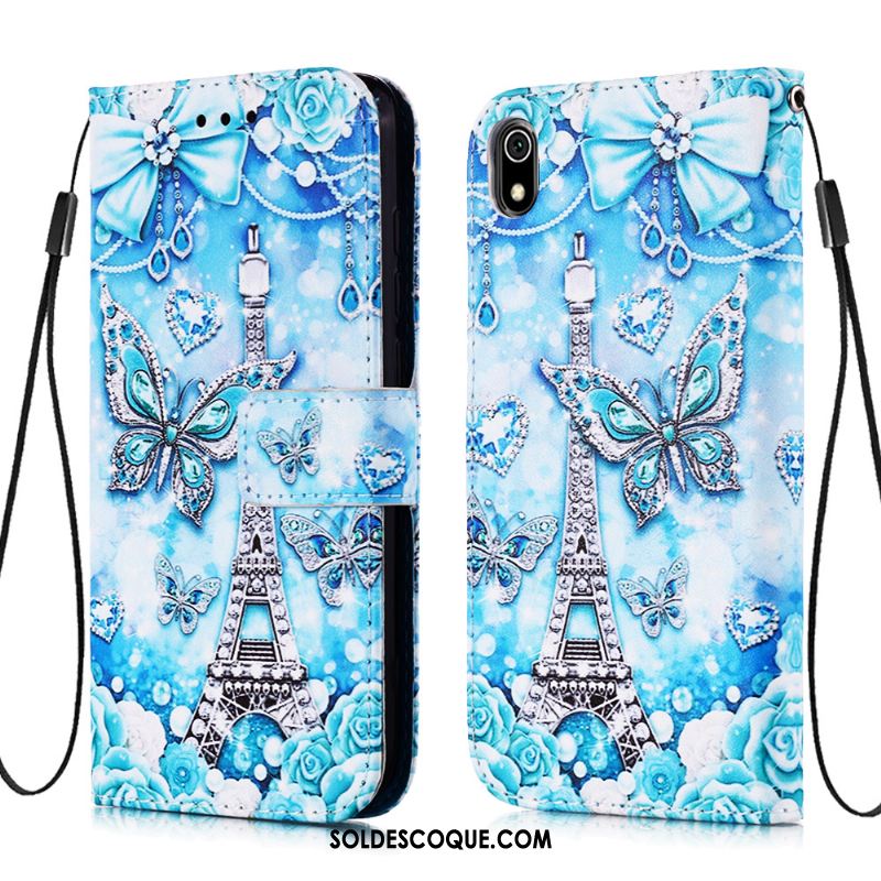 Coque Xiaomi Redmi 7a Incassable Fluide Doux Carte Étui En Cuir Bleu Pas Cher