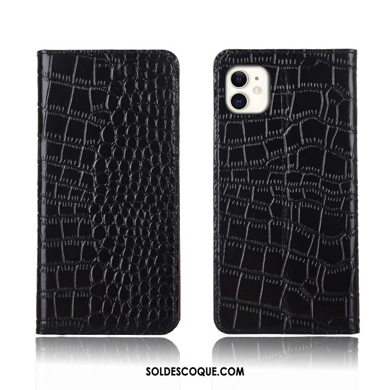 Coque iPhone 11 Clamshell Cuir Véritable Étui En Cuir Noir Crocodile Pas Cher