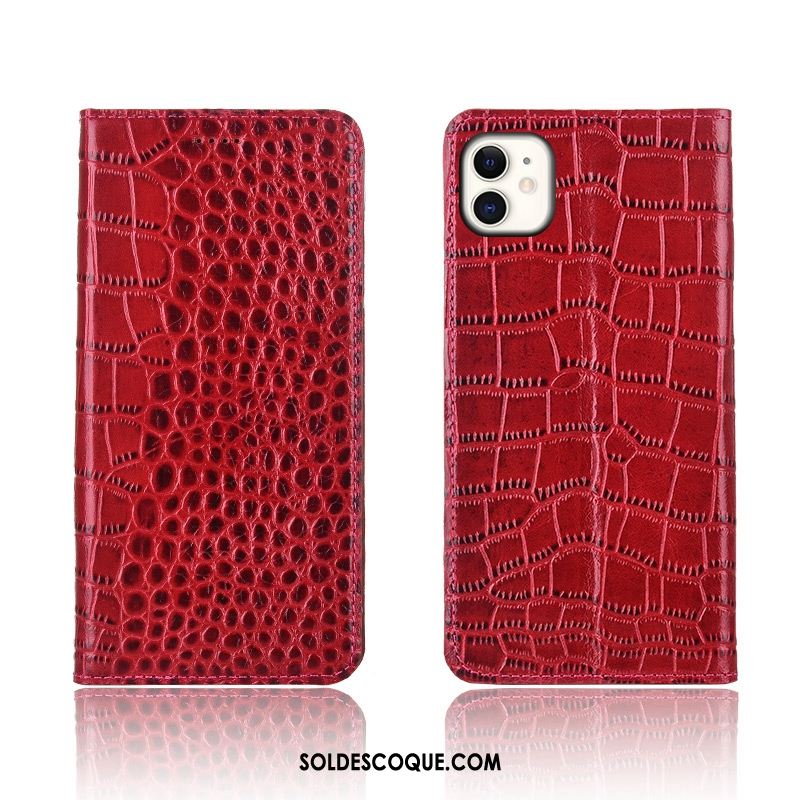 Coque iPhone 11 Clamshell Cuir Véritable Étui En Cuir Noir Crocodile Pas Cher