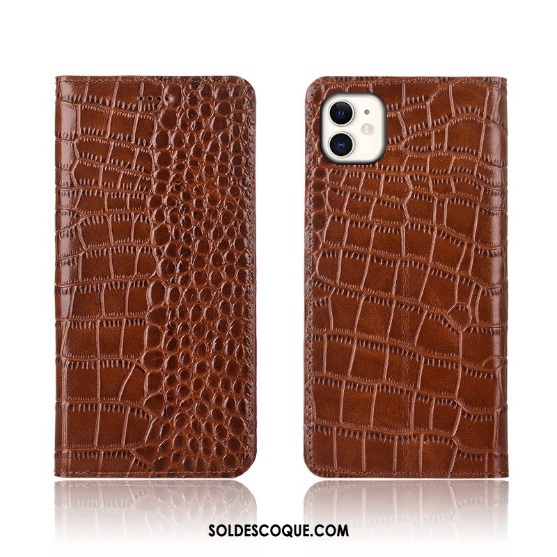 Coque iPhone 11 Clamshell Cuir Véritable Étui En Cuir Noir Crocodile Pas Cher