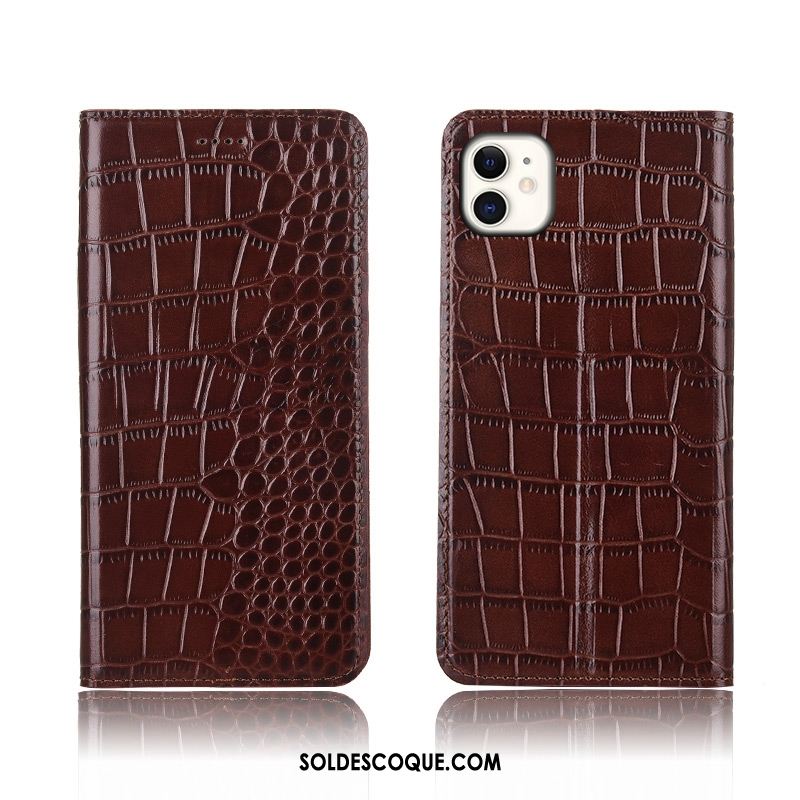 Coque iPhone 11 Clamshell Cuir Véritable Étui En Cuir Noir Crocodile Pas Cher