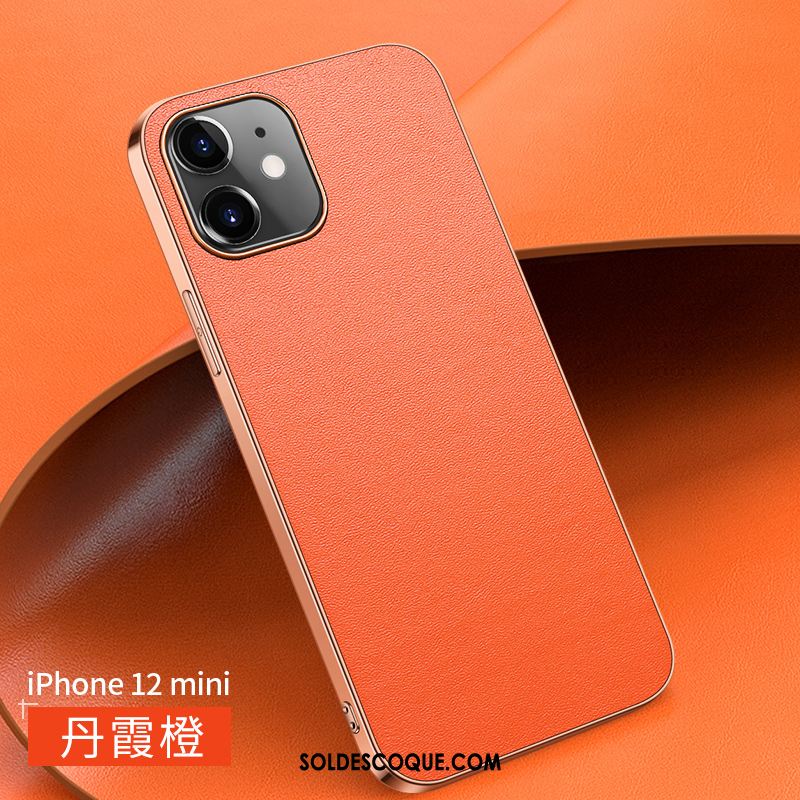 Coque iPhone 12 Mini Luxe Net Rouge Téléphone Portable Noir Cuir Véritable En Vente