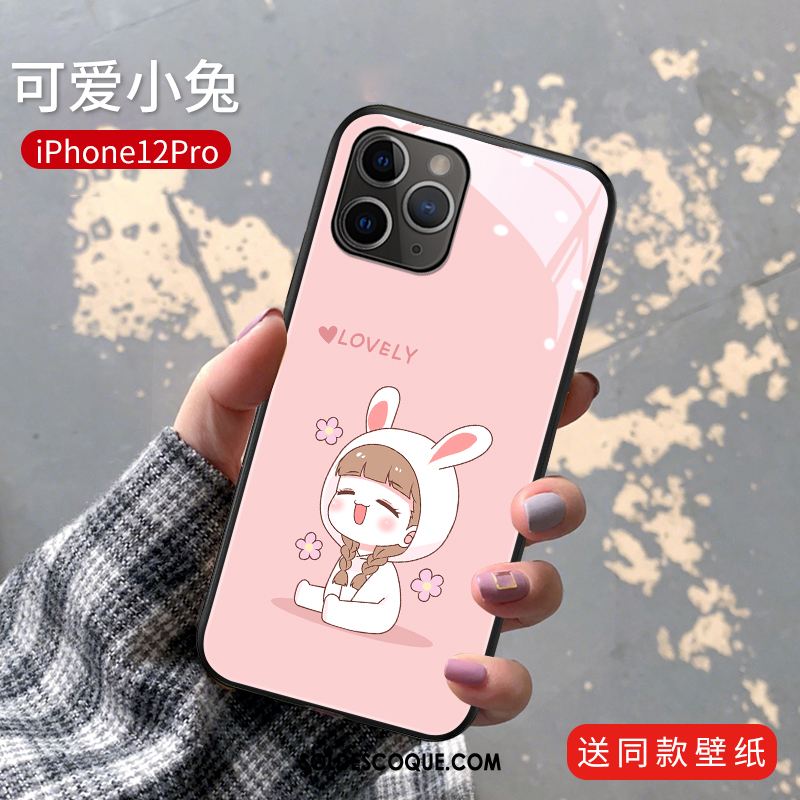 Coque iPhone 12 Pro Créatif Rose Téléphone Portable Charmant Verre Soldes