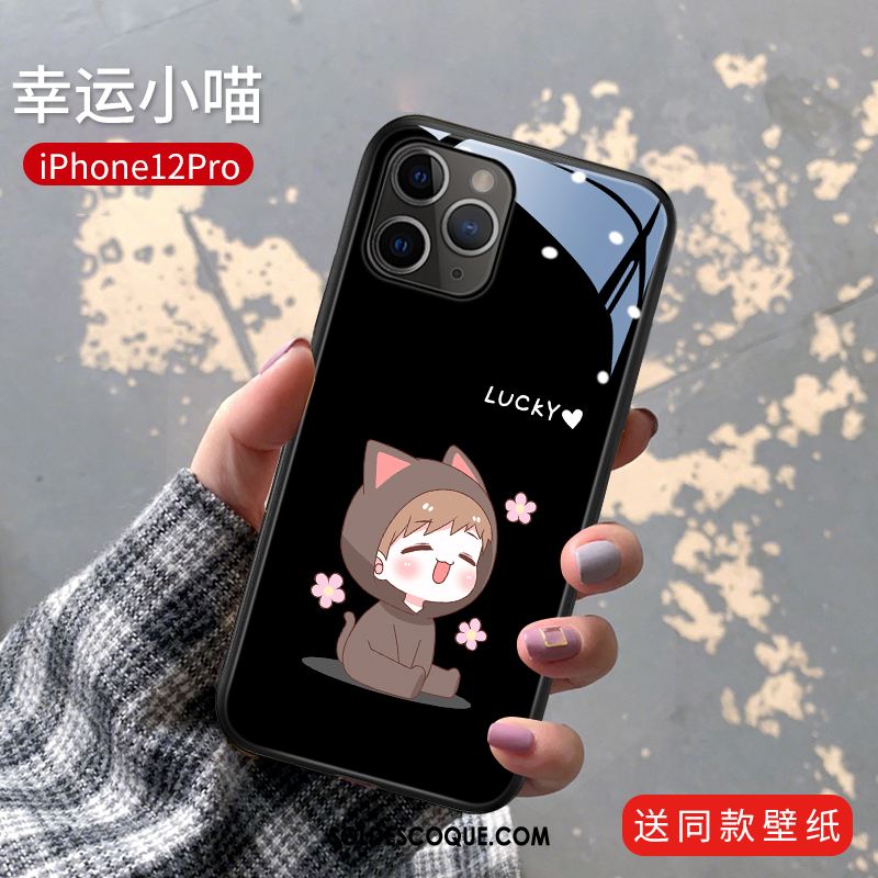 Coque iPhone 12 Pro Créatif Rose Téléphone Portable Charmant Verre Soldes
