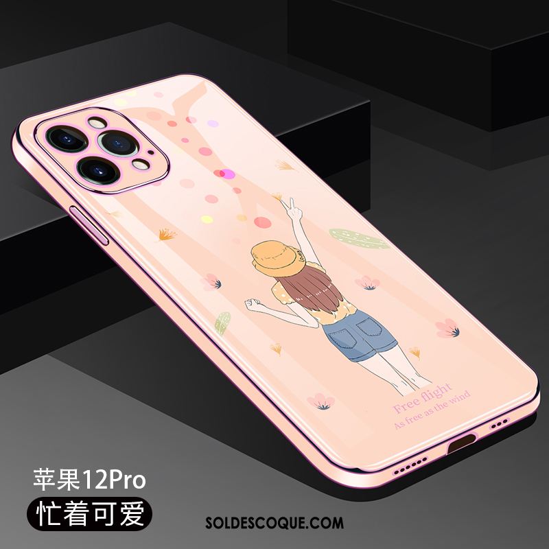 Coque iPhone 12 Pro Transparent Étui Tendance Rose Téléphone Portable Soldes