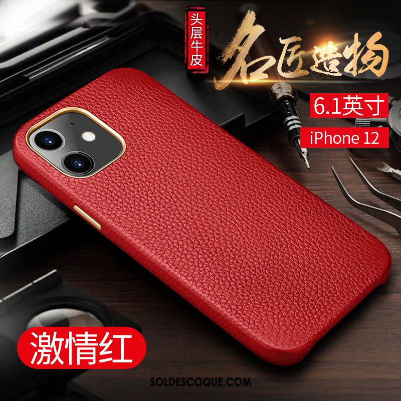 Coque iPhone 12 Simple Cuir Véritable Incassable Étui Luxe Soldes