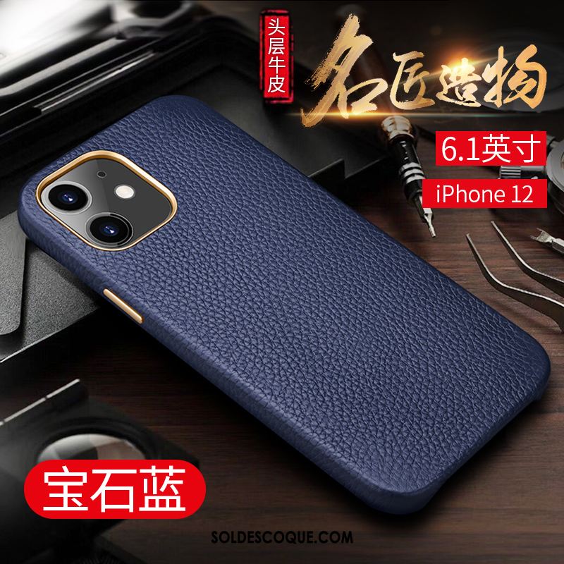 Coque iPhone 12 Simple Cuir Véritable Incassable Étui Luxe Soldes