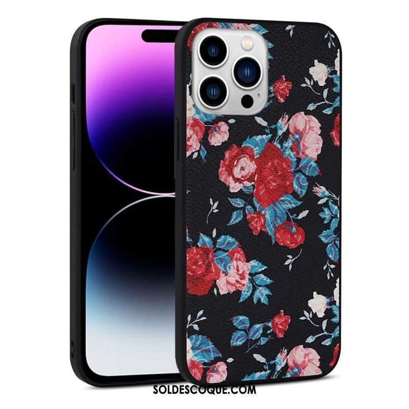 Coque iPhone 14 Pro Simili Cuir Florale