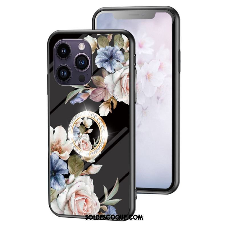 Coque iPhone 15 Pro Max Verre Trempé Floral avec Anneau-Support