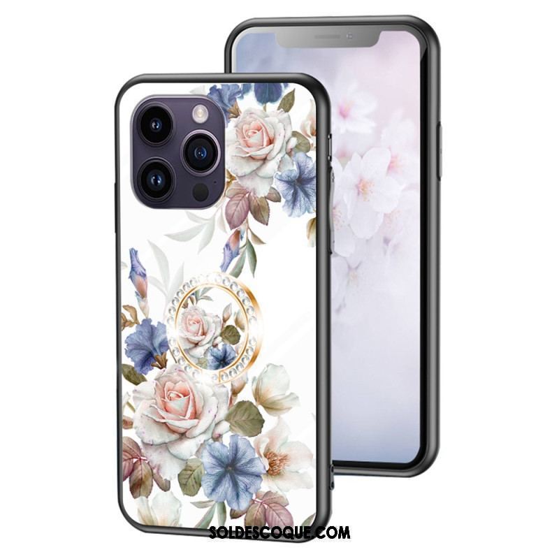 Coque iPhone 15 Pro Max Verre Trempé Floral avec Anneau-Support