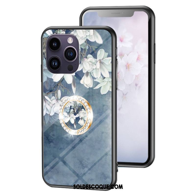 Coque iPhone 15 Pro Max Verre Trempé Floral avec Anneau-Support