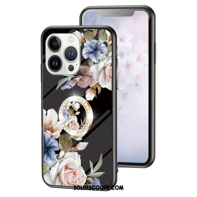 Coque iPhone 15 Pro Verre Trempé Floral avec Anneau-Support