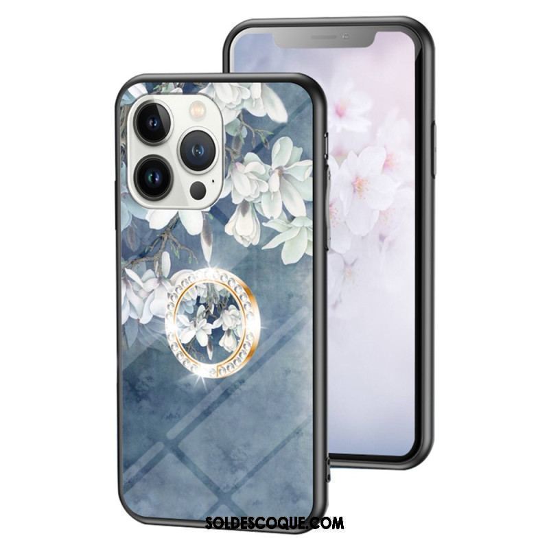 Coque iPhone 15 Pro Verre Trempé Floral avec Anneau-Support