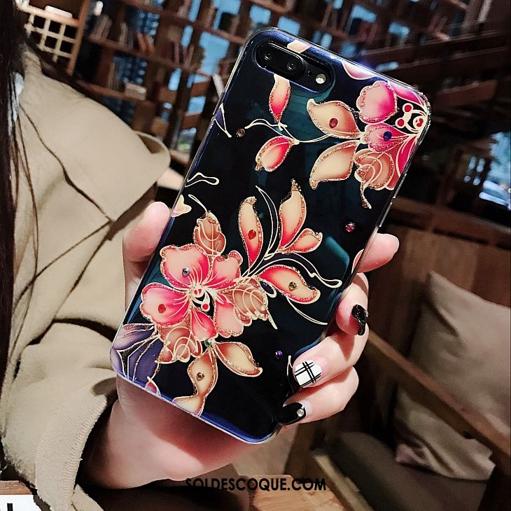 Coque iPhone 7 Plus Fleurs Noir Élégant Strass Téléphone Portable France