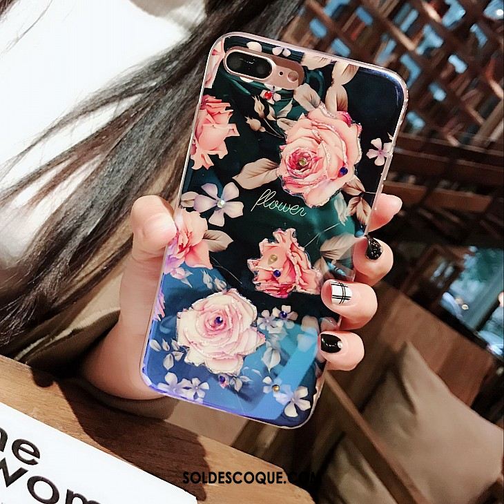 Coque iPhone 7 Plus Fleurs Noir Élégant Strass Téléphone Portable France