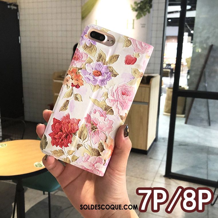 Coque iPhone 7 Plus Gaufrage Étui Floral Rose Étui En Cuir Soldes