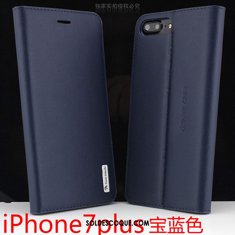 Coque iPhone 7 Plus Tout Compris Cuir Véritable Étui En Cuir Incassable Bleu Pas Cher