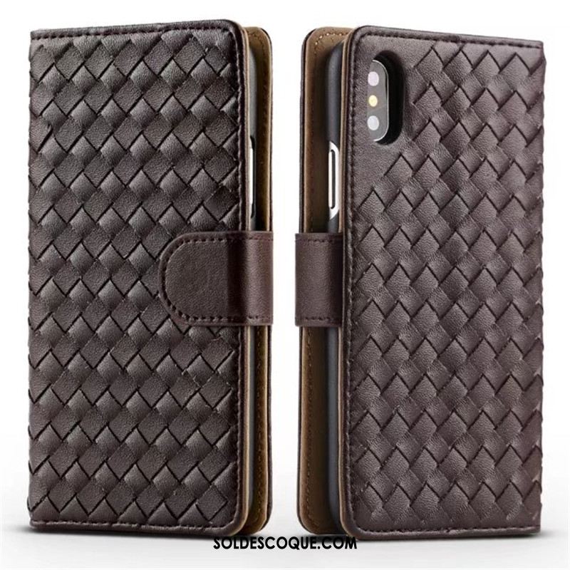 Coque iPhone X Carte Protection Étui En Cuir Tissage Support En Vente