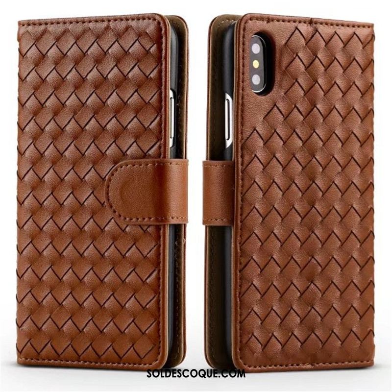 Coque iPhone X Carte Protection Étui En Cuir Tissage Support En Vente