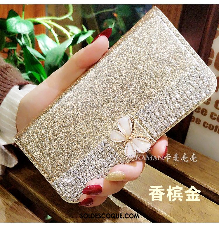 Coque iPhone Xr Or Rose Strass Sac Carte Téléphone Portable Clamshell Soldes