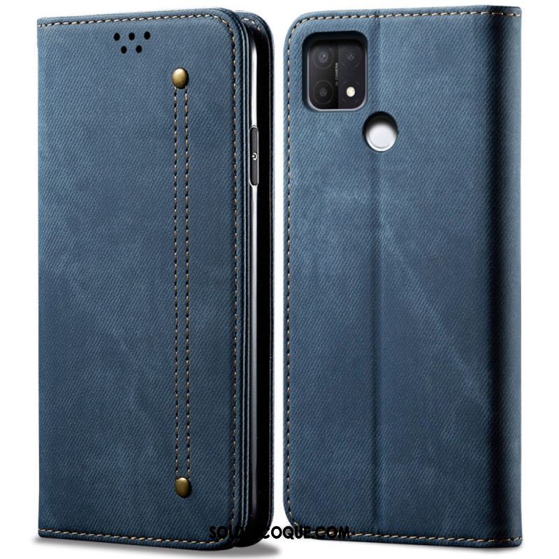 Flip Cover Oppo A15 Tissu Jeans