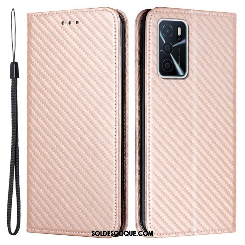 Flip Cover Oppo A16 / A16s Fibre Carbone à Lanière