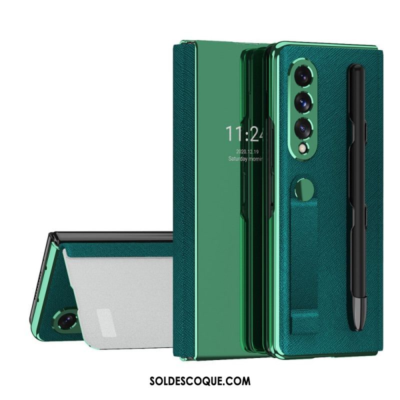 Flip Cover Samsung Galaxy Z Fold 3 5G Miroir Porte-Stylet et Sangle