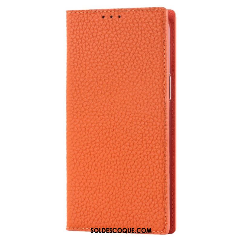 Flip Cover iPhone 14 Cuir Litchi Véritable à Lanière