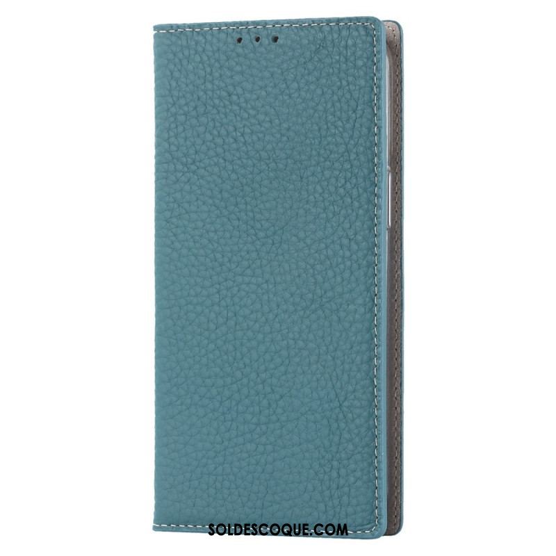 Flip Cover iPhone 14 Cuir Litchi Véritable à Lanière