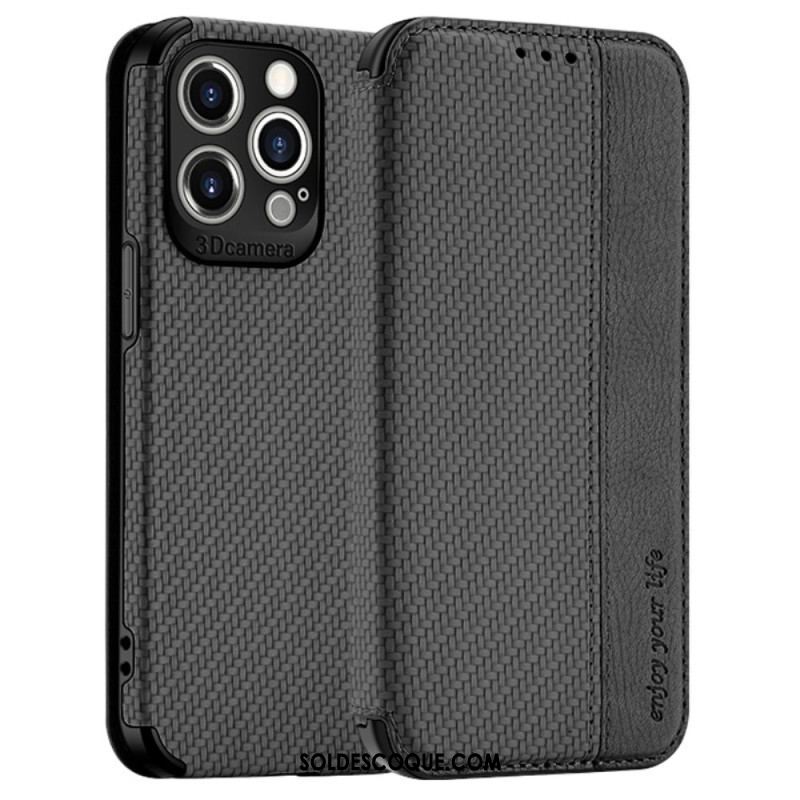 Flip Cover iPhone 14 Pro Fibre Carbone Fermoir Ventouse