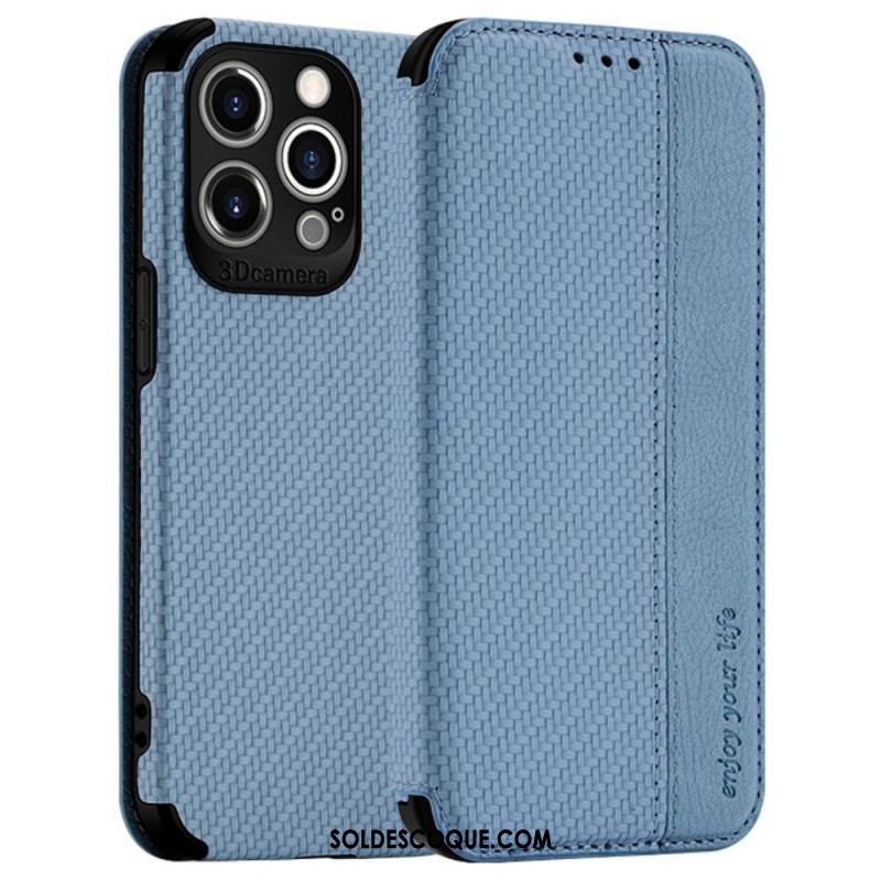 Flip Cover iPhone 14 Pro Fibre Carbone Fermoir Ventouse