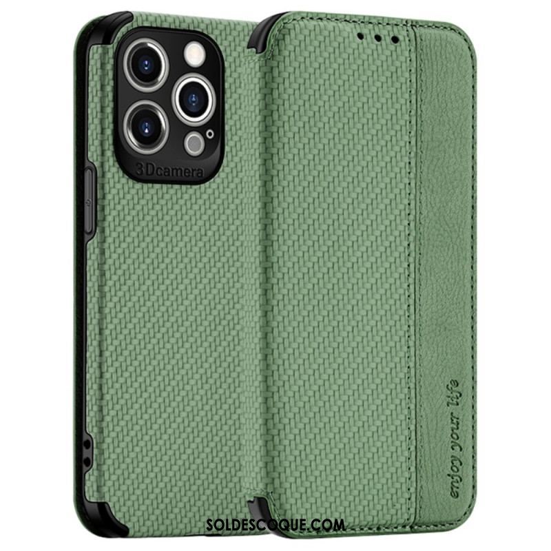 Flip Cover iPhone 14 Pro Max Fibre Carbone Fermoir Ventouse