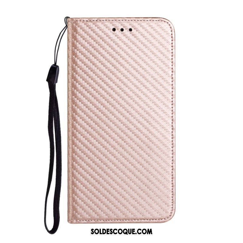 Flip Cover iPhone 15 Plus Fibre Carbone à Lanière