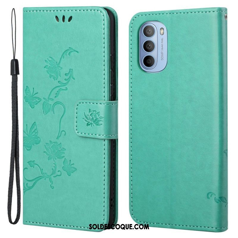 Housse Moto G41 / G31 Papillons et Fleurs à Lanière