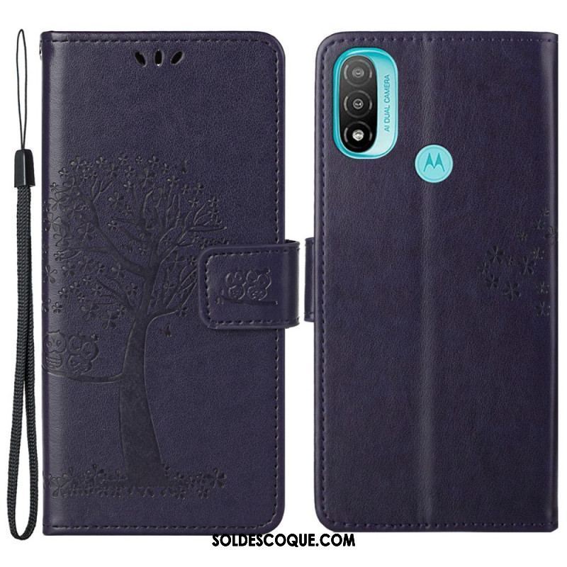 Housse Moto G71 5G Arbre et Hiboux à Lanière