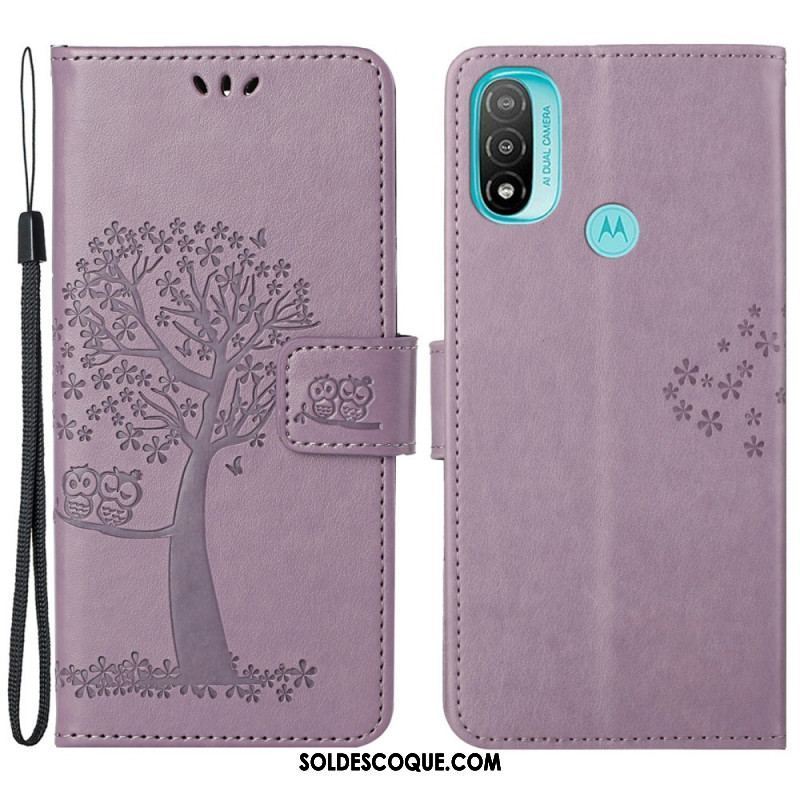 Housse Moto G71 5G Arbre et Hiboux à Lanière